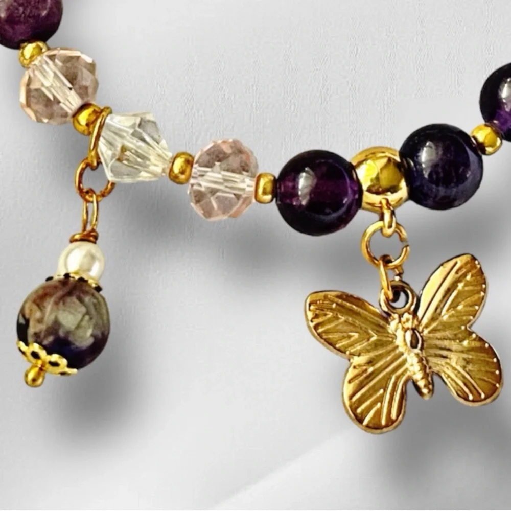 Handmade Bracelet with Beads and Crystals – Gold Butterfly Charm